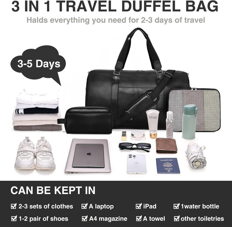 3 in 1 Leather Duffle Bag w/ Shoe & Toiletry Compartment Weekender Black6
