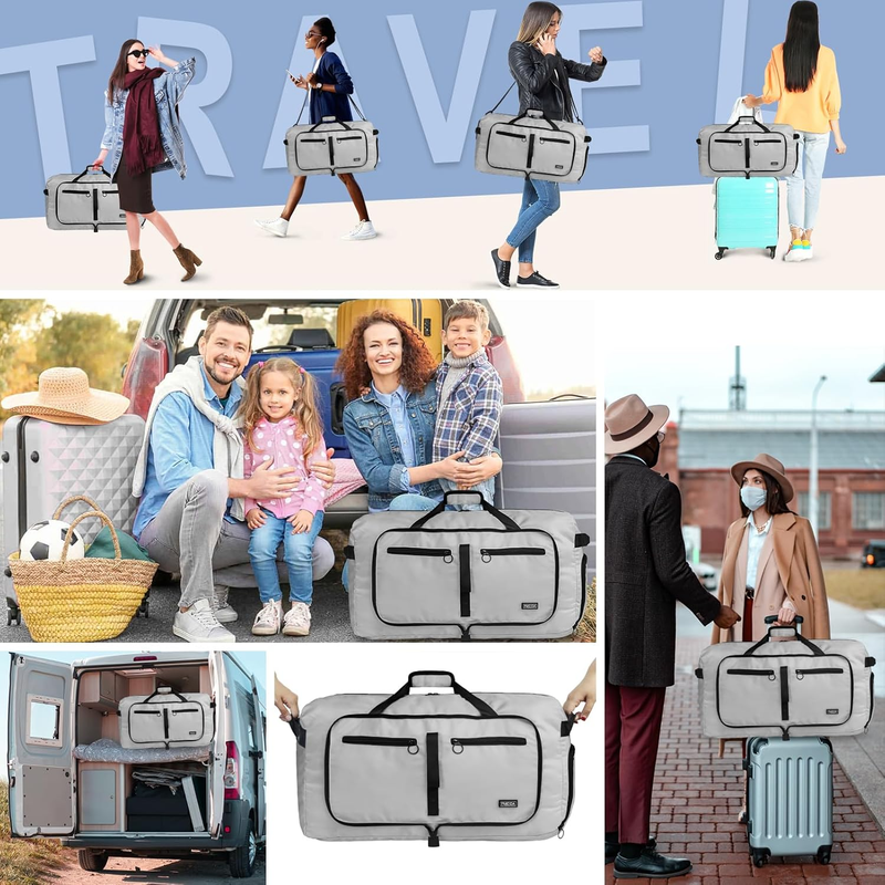 65L Travel Duffel Bag Foldable w/ Shoe Compartment Water Resistant Gray1