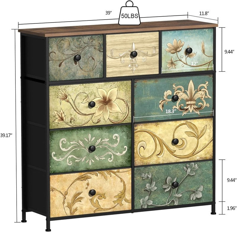 9 Drawer Fabric Dresser Retro Floral Chest Storage Organizer for Bedroom Closet2
