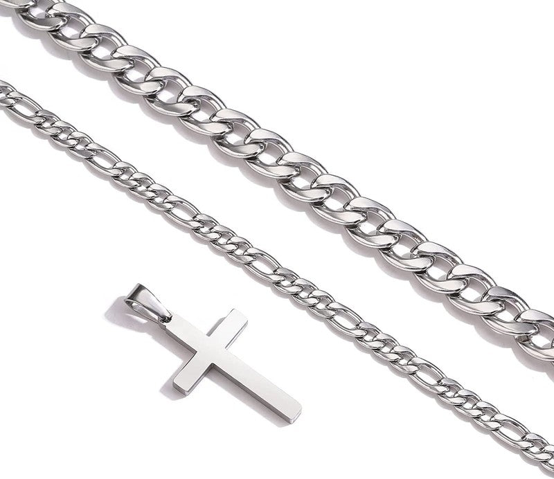 Layered Silver Cross Necklaces for Men Cuban Figaro Chain Set Gift for Dad1