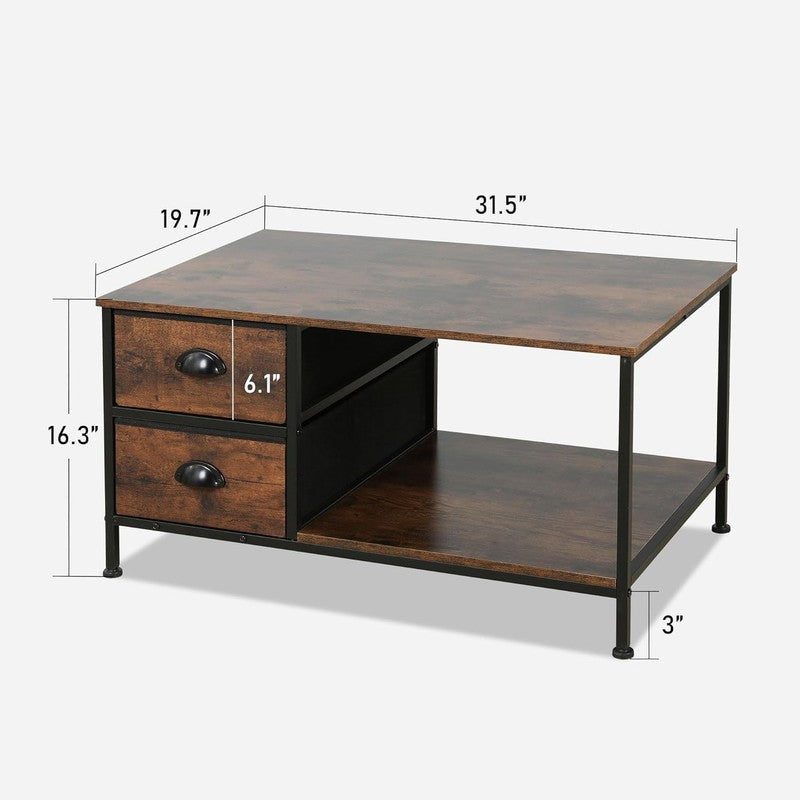 2 Tier Brown Coffee Table with Drawers, Wood & Metal, Living Room Table2
