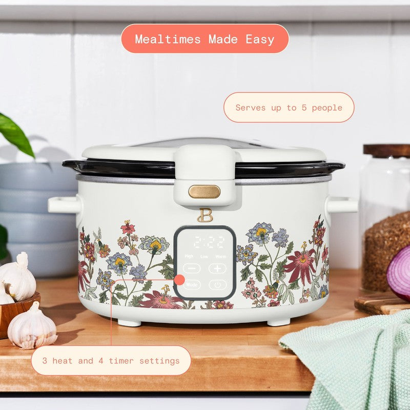Drew Barrymore 4Qt Digital Slow Cooker Hinged Locking Lid Wildflower White1