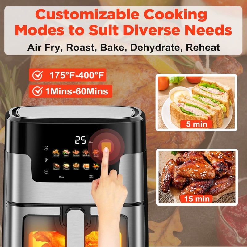 7.5QT Air Fryer Oven, 10-in-1, LED Touch, 10 Presets, w/ Basket & Liners1
