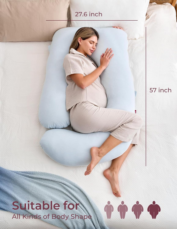 57in U Shaped Pregnancy Pillow Full Body Maternity Jersey Cotton Blue5