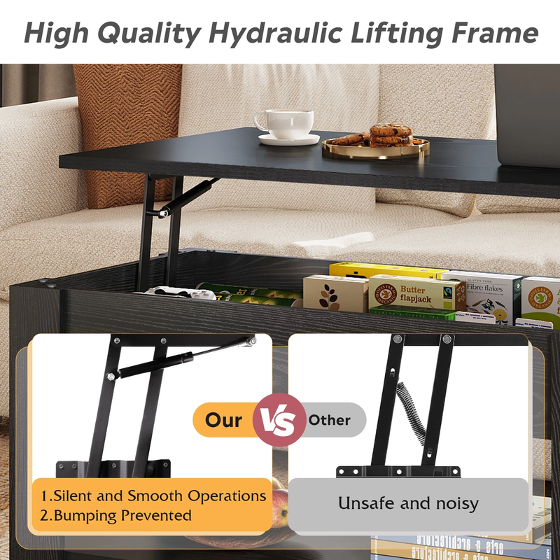 39" Lift Top Coffee Table with Storage Shelf & Hidden Compartment and Lifting To4
