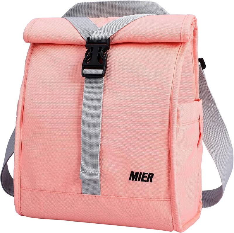 Insulated Roll Top Lunch Bag for Women Men Foldable Tote w/ Shoulder Strap Pink8