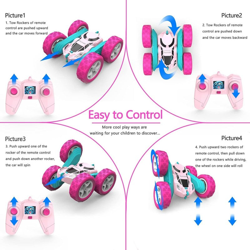 Pink Remote Control Car for Girls, 360° Flipping Stunt Car with LED Headlights, 3
