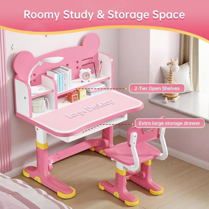 Kids Desk & Chair Set Height Adjustable Study Table w Drawer Bookstand Pink3