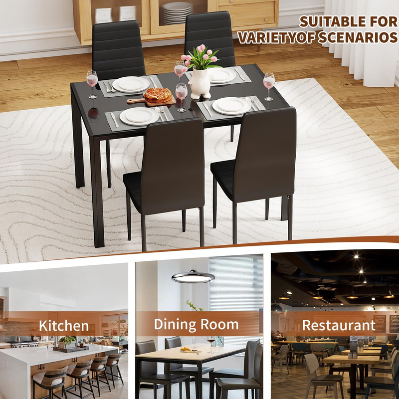 5 Piece Glass Dining Table Black 4 Chairs Upholstered Faux Leather Easy Assembly5