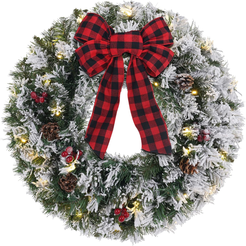 24" Pre-Lit Snowy Flocked Christmas Wreath 30 LED Red Berries Pinecones Bow8