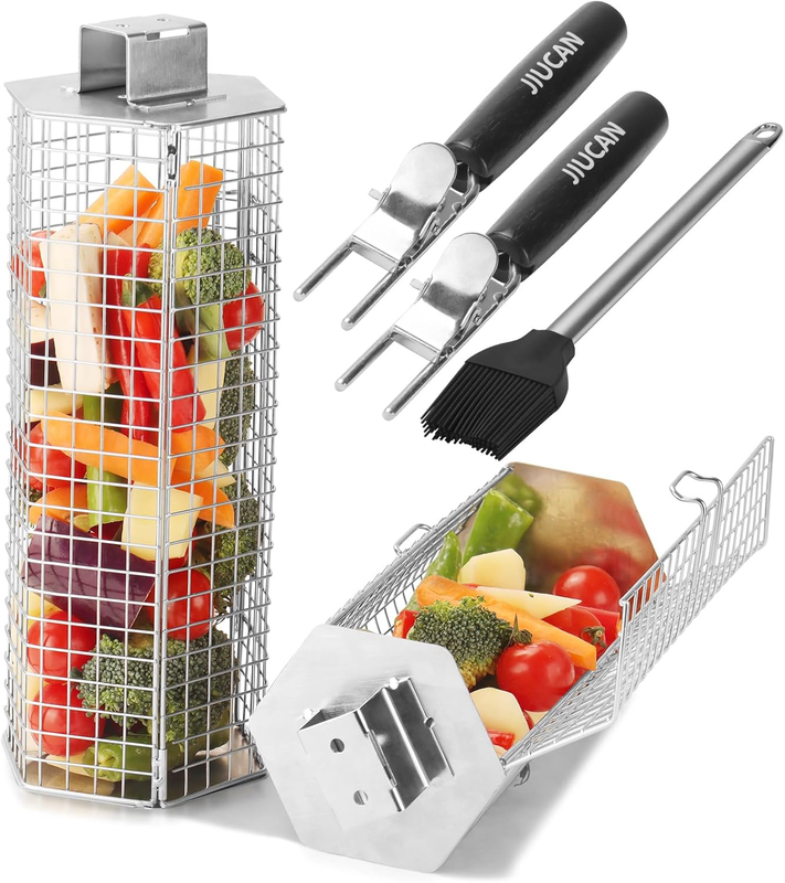 Grill Baskets Set, 2 PCS Stainless Steel Grill Baskets with Removable Wooden Han8