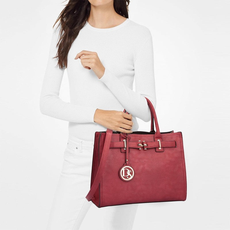 Women Satchel Handbag Belted Top Handle Work Tote Shoulder Bag Long Strap4