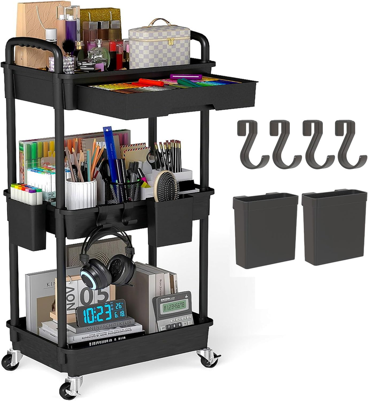 3-Tier Rolling Utility Cart with Drawer & Hooks, Black Storage Organizer10