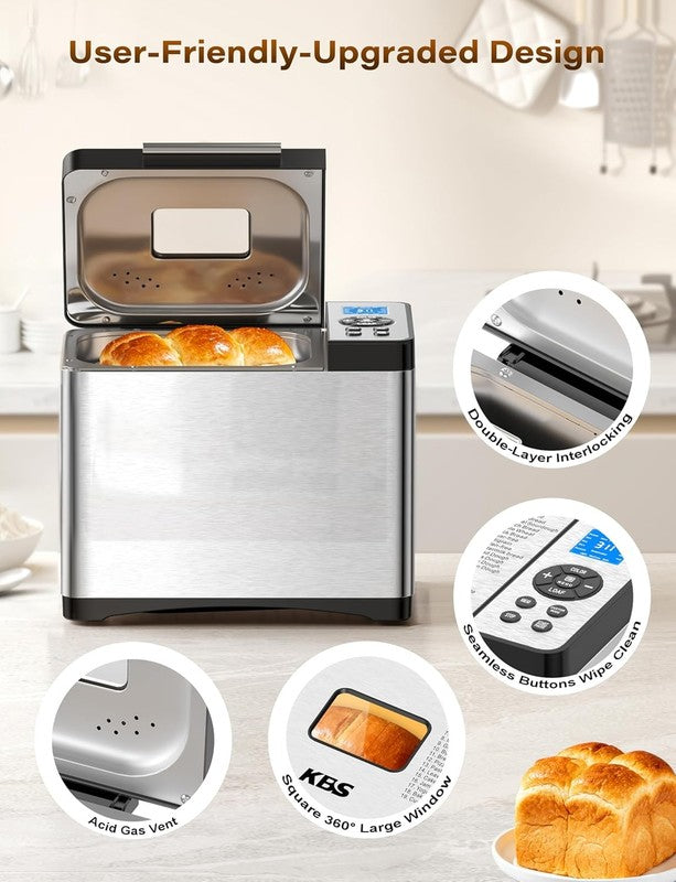 19-in-1 Bread Maker 2LB w/ Ceramic Pan Gluten Free Timer Steel7