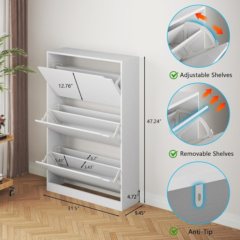 47.2'' Shoe Cabinet 3 Flip Drawers Freestanding Wood Storage Entryway White1