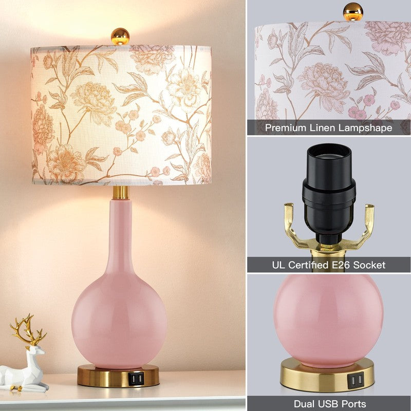 Pink Ceramic Touch Control Table Lamp with USB Ports - 24" Floral Shade5