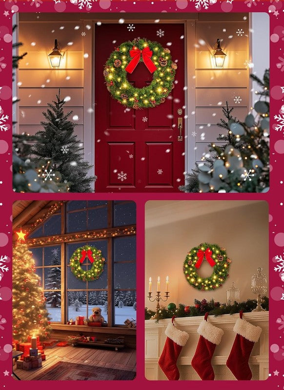 24" Pre-Lit Christmas Wreath Battery LED Pinecones Red Berries Front Door Decor5