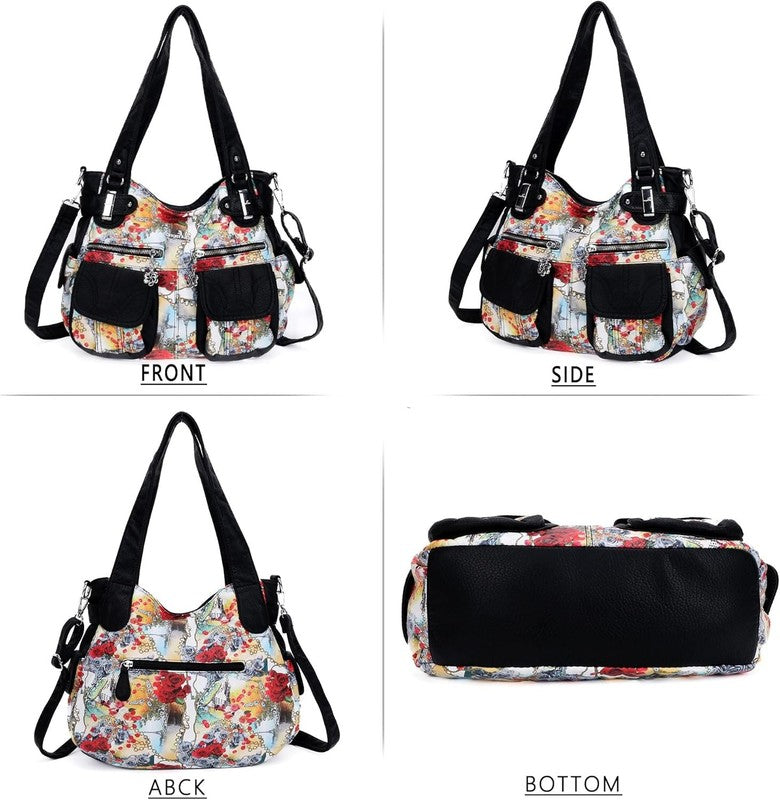 Women'S Designer Handbag Large Double Zipper Multi Pocket Washed Leather Purse5