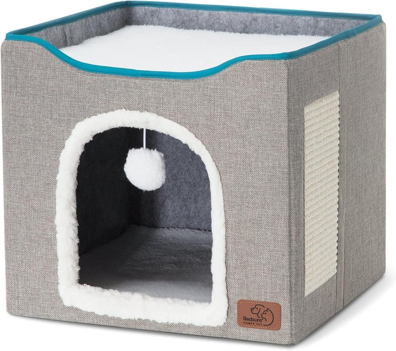 Large Foldable Cat House with Scratch Pad & Hanging Ball, 16.5"x16.5"x13", Grey7