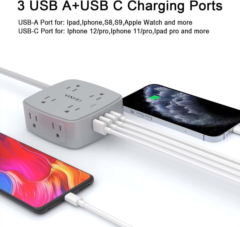 10FT Surge Protector Power Strip 8 Outlets 4 USB Flat Plug Extension Cord2