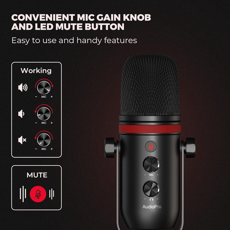 USB C Condenser Gaming Microphone w/ Headphone Jack, Volume, LED Mute3