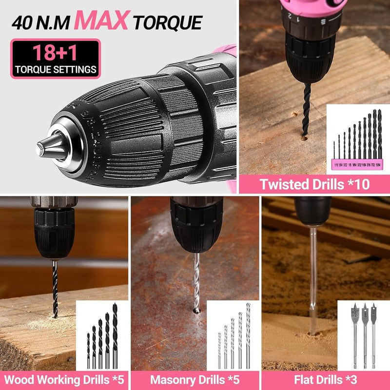 20V Cordless Drill Tool Kit Pink Electric Drill Driver w Battery & Toolbox4