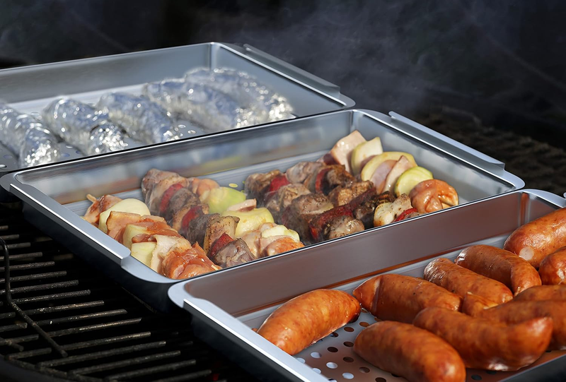 BBQ Vegetable Grill Basket Set 3 Stainless Steel Baskets w/ Drip Tray Handle7
