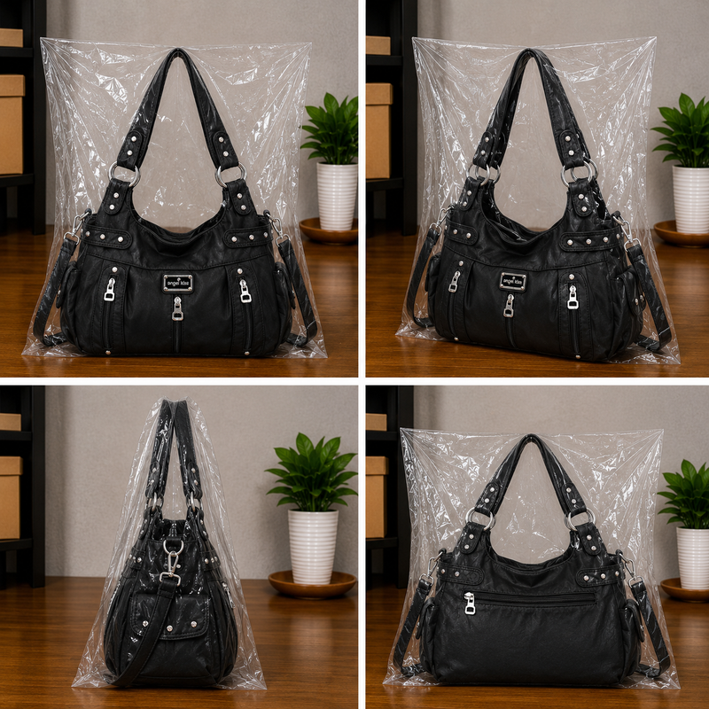 Women's Large Washed Faux Leather Hobo Crossbody Tote Bag0