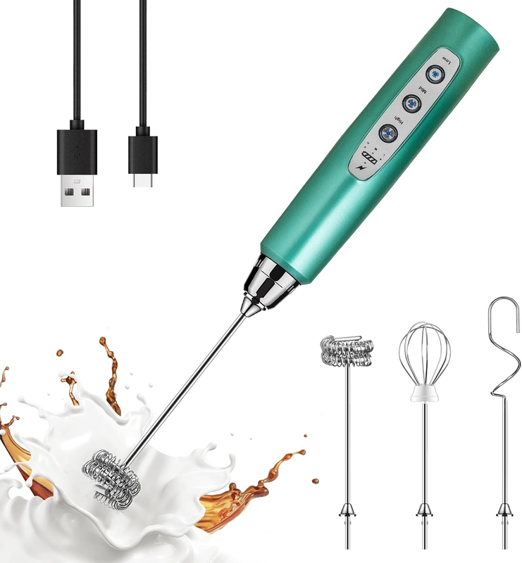 Milk Frother Handheld Rechargeable 3 Speed 3 Heads Coffee Whisk Green9