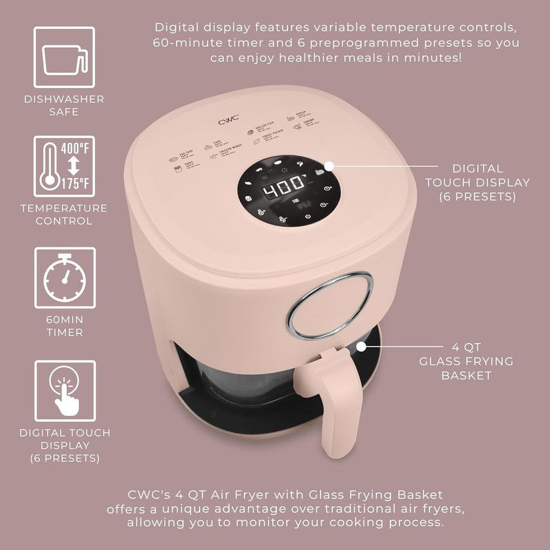 Air Fryer, 4Qt Glass Air Fryer, Stylish Kitchen Appliance, Blush4