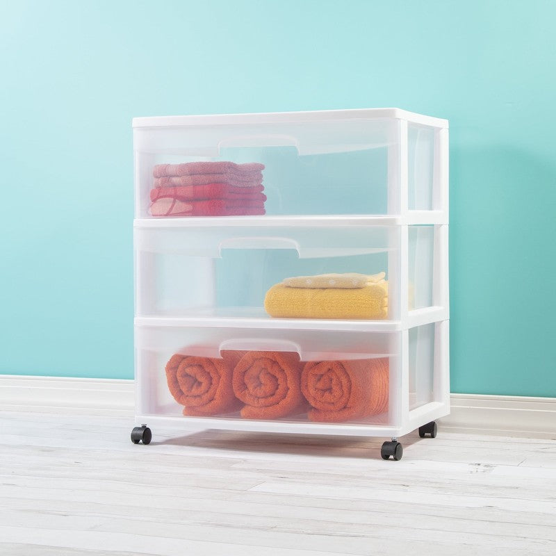Wide 3 Drawer Cart, Clear Plastic Storage Drawers, Wheels Included, White4