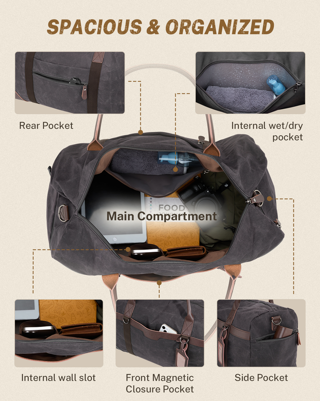 55L Waxed Canvas Duffle Bag Vintage Weekender Travel Duffel w/Shoe Comp2