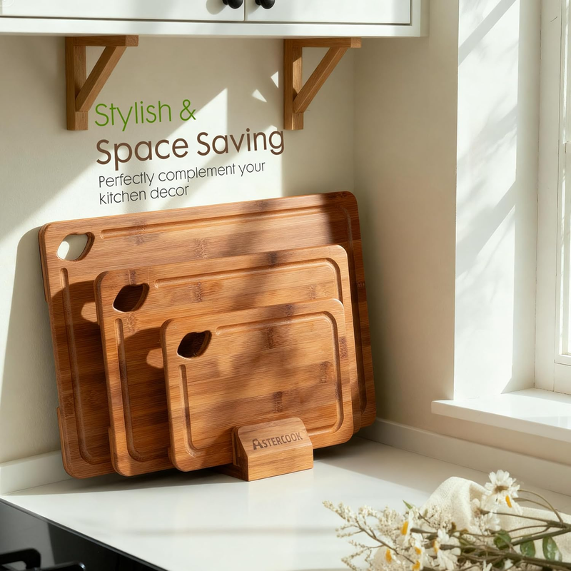 Bamboo Cutting Boards Set with Stand Reversible Juice Groove Handles4
