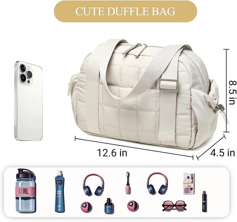 Mini Gym Bag Women Quilted Duffel Wet Compartment Coin Purse Yoga Dance Beige3