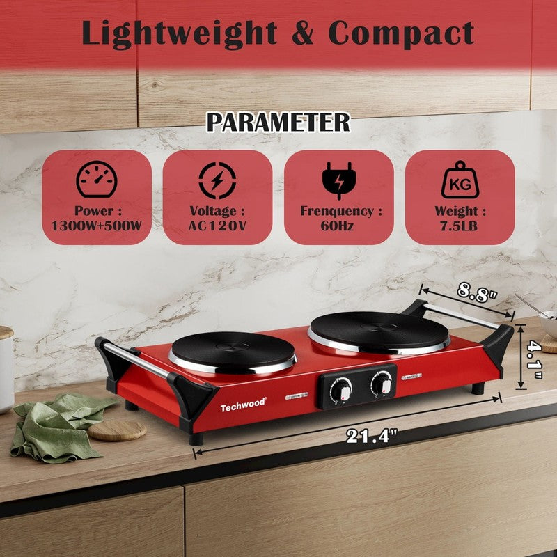 1800W Dual Burner Electric Hot Plate Stove, Portable Cooktop, Red5