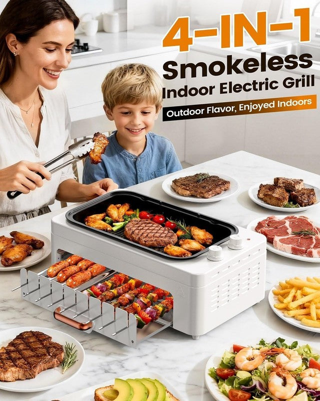 4 in 1 Smokeless Indoor Electric Grill w/ Rotating Skewers & Hot Dog Roller1