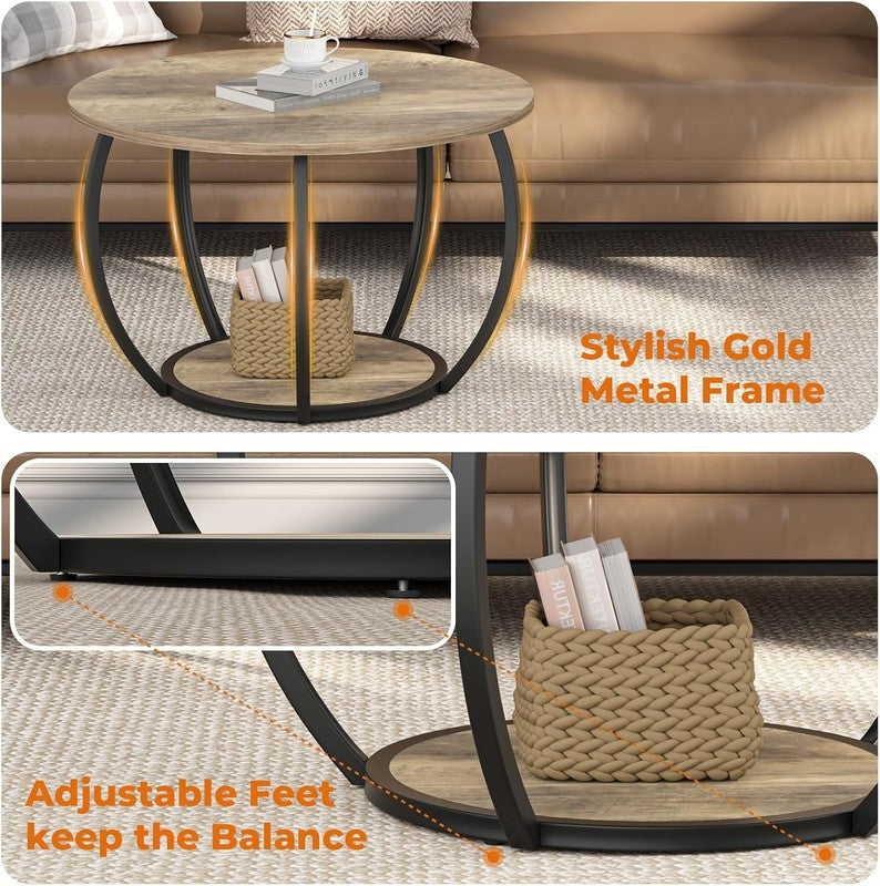 Round 2 Tier Coffee Table with Storage 27.6" Adjustable Feet, Grey Wash3