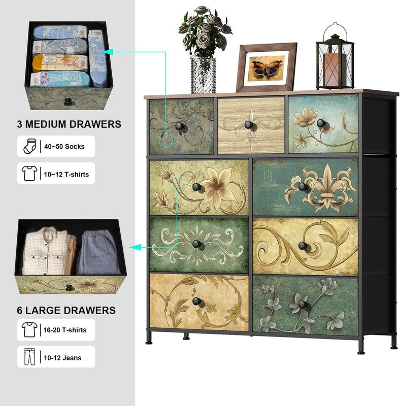 9 Drawer Fabric Dresser Retro Floral Chest Storage Organizer for Bedroom Closet5