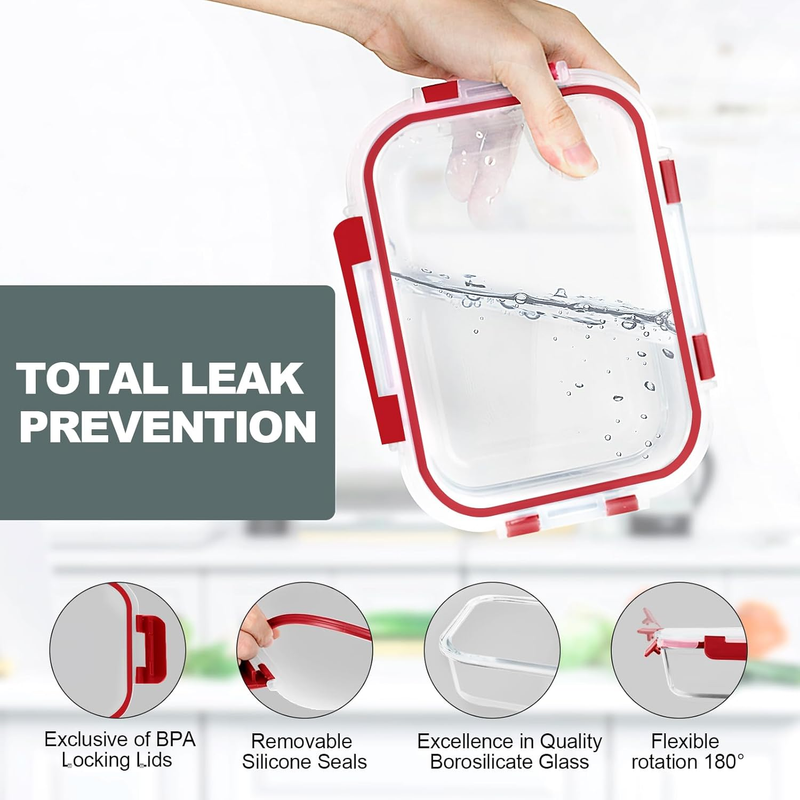10 Pack 22oz Glass Meal Prep Containers Airtight Lids Red2