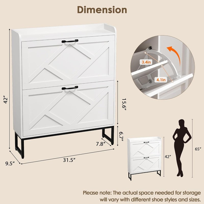 Shoe Cabinet 2 Flip Drawers Freestanding Narrow Rack Entryway Foyer White1