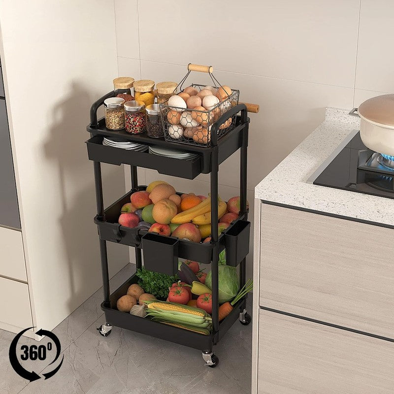 3-Tier Rolling Utility Cart with Drawer & Hooks, Black Storage Organizer3