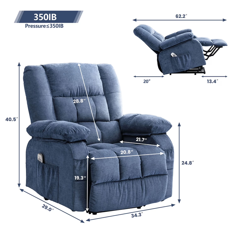 Power Lift Recliner Chair Heat Massage USB Port Infinite Position Blue1