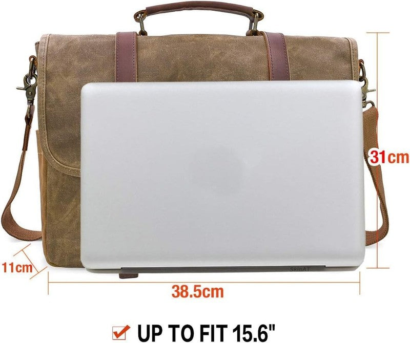 Mens Messenger Bag 15.6in Waterproof Leather Laptop Briefcase Satchel Khaki3