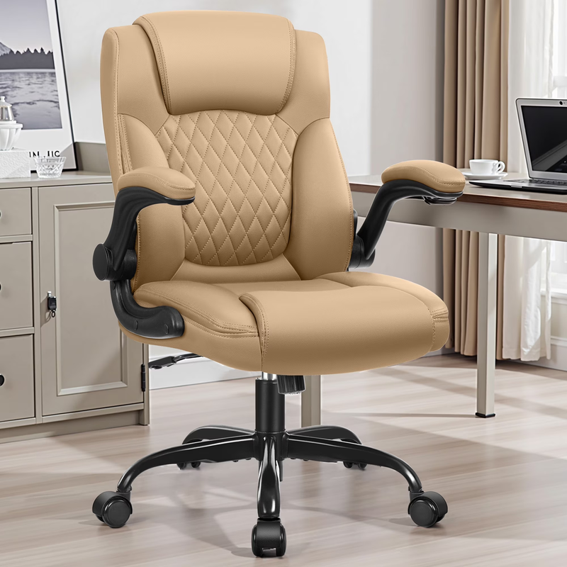 High Back Leather Office Chair Wide Seat Lumbar Support Tan7