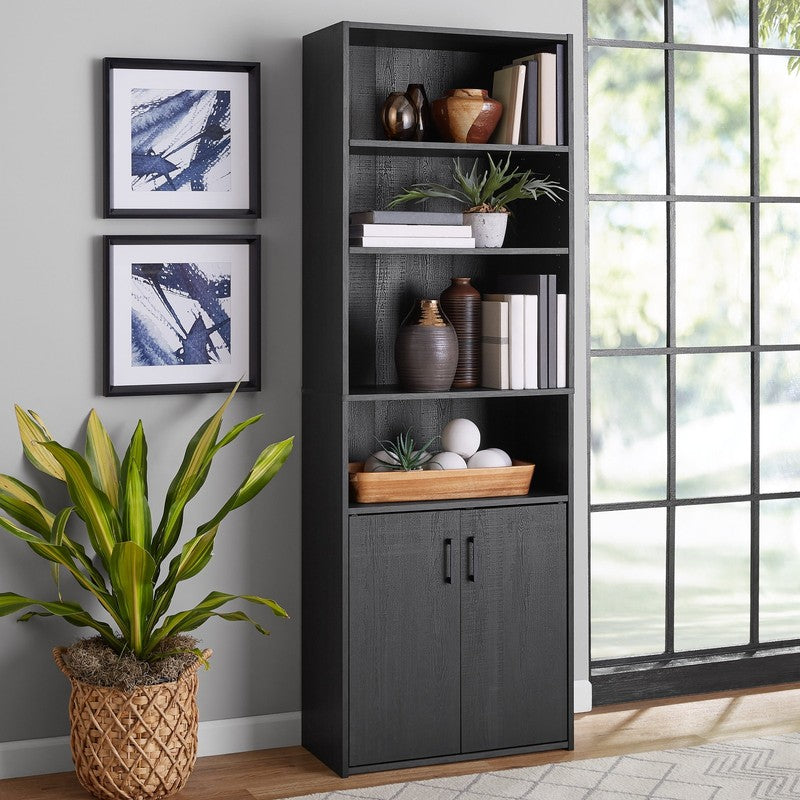 Traditional 5 Shelf Bookcase with Doors, Black Finish0