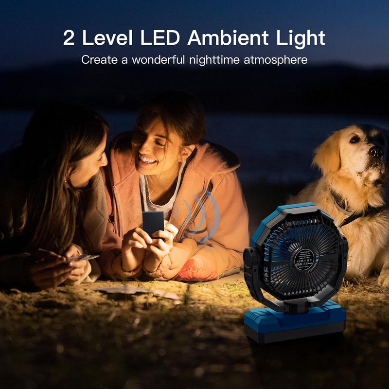 3-in-1 Camping Fan 24000mAh Rechargeable Portable Fan w/ Light Tent Travel Blue2