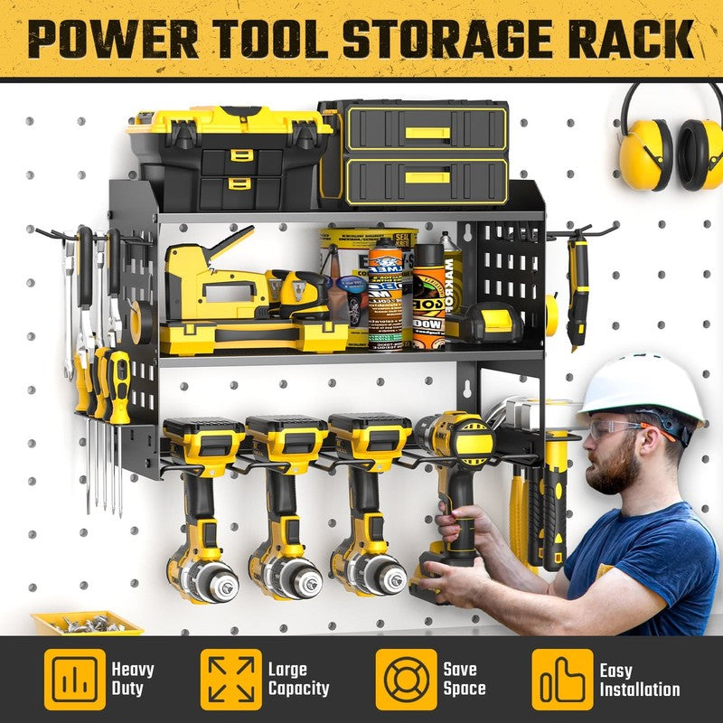 Power Tool Organizer, 3 Layers Drill Holder Wall Mount with 2 Side Pegboards, He4