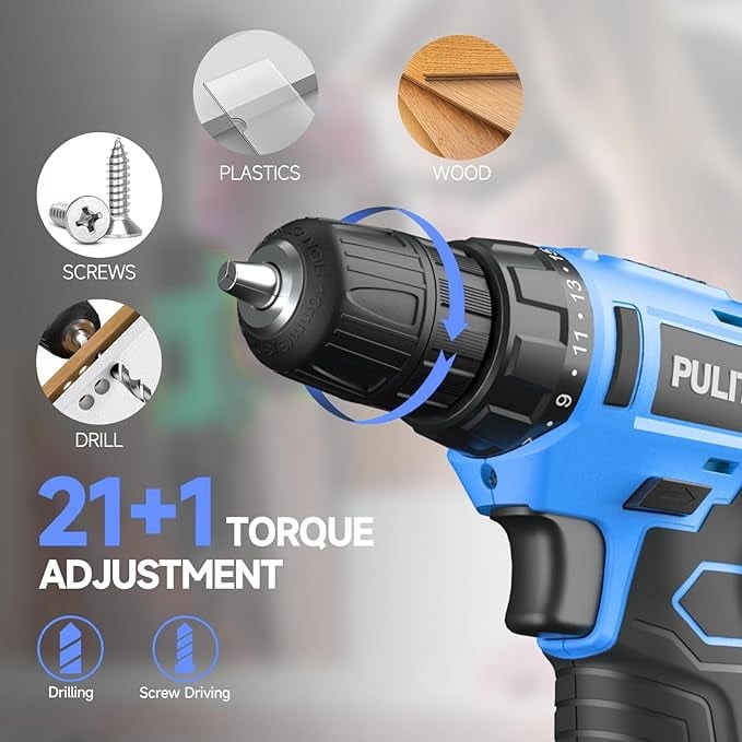 12V Cordless Drill Set 21+1 Torque LED 3/8" Keyless Chuck Battery & Charger Blue3