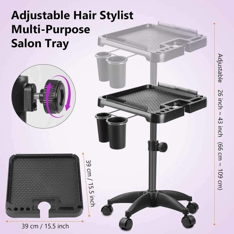 Salon Rolling Tray on Wheels, Hairstylist Tray with Storage Platform and Hair Se2