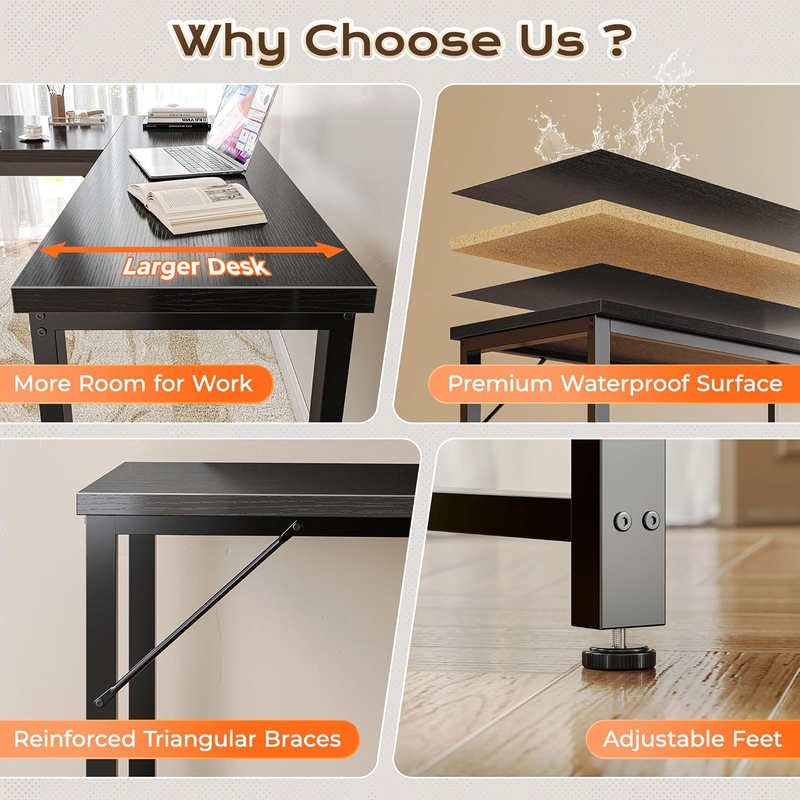 63'' L Shaped Desk w/ Power Outlets USB C Reversible Corner Desk Black7